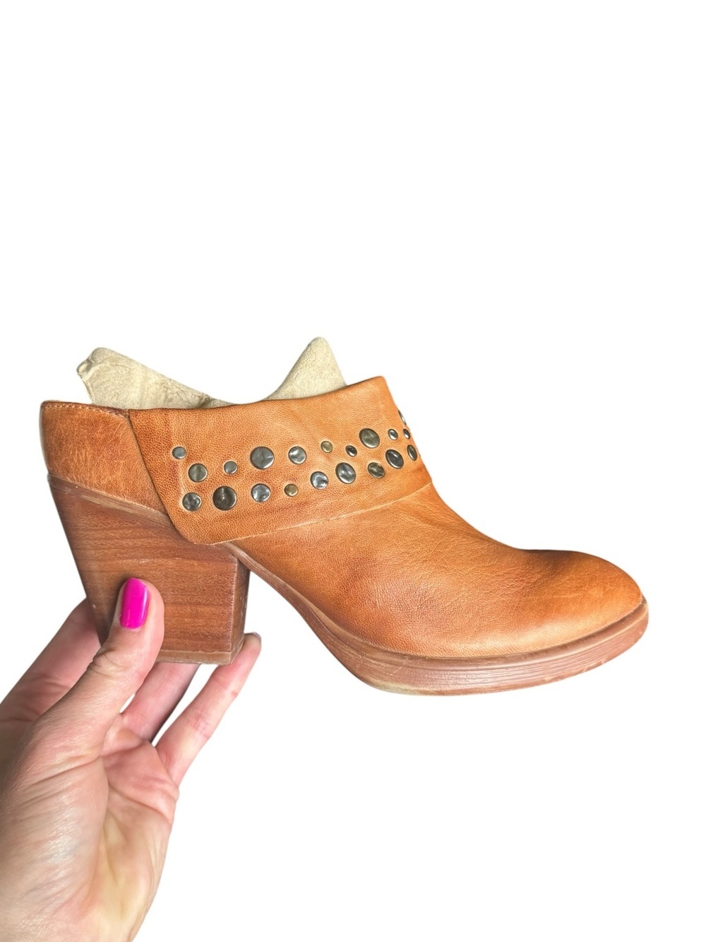 Sofft Leather Studded Clog Mules Tan Brown Heeled Slip On Boho Western 8